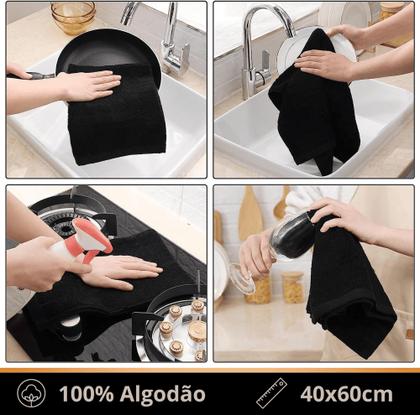 Imagem de Kit 7 Panos De Prato Felpudo Atoalhado Preto Gourme Culinária Cozinha Com Bainha Grosso 100% Algodão