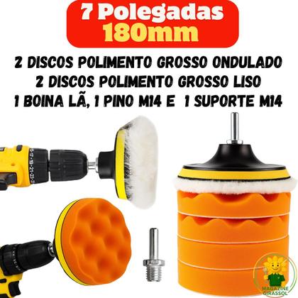 Imagem de Kit 7 Peças 7 Pol. 180mm Discos Espuma Boina Lã Prato Pino M14 Polimento Automotivo KP25
