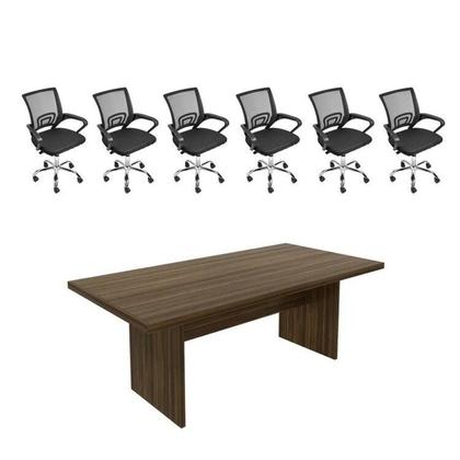 Imagem de Kit 7 Peças com Uma Mesa de Reunião e 6 Cadeiras de Escritório Tela Mesh Espresso Móveis