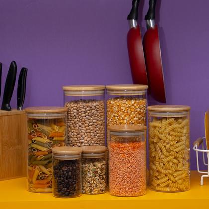 Imagem de Kit 7 potes de vidro com tampa de bambu herméticos redondos - Tüd