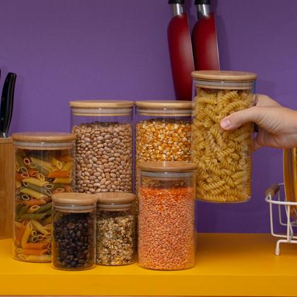 Imagem de Kit 7 potes de vidro com tampa de bambu herméticos redondos - Tüd
