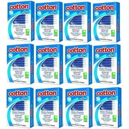 Imagem de Kit 750 Unidades Hastes Flexíveis Cotton Line 10 CAIXAS com 75 Cotonetes Com Pontas Algodão Natural Antigerme