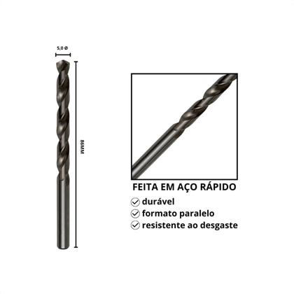 Imagem de Kit 8 Brocas Paralelas De Aço Rápido HSS 5,0mm