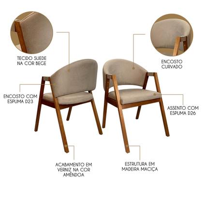 Imagem de Kit 8 Cadeiras de Jantar Madeira Maciça Amêndoa Ravena Estofada Suede Bege CCS