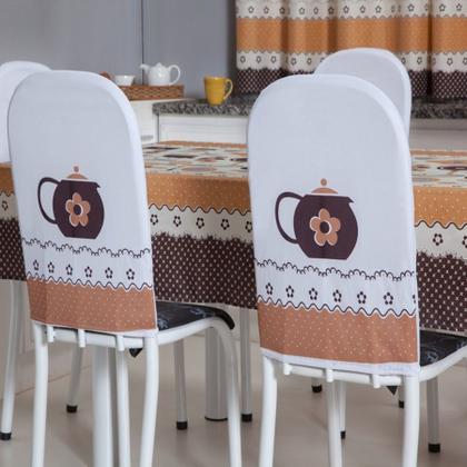 Imagem de Kit 8 Capas de Cadeira + Toalha de Mesa + Cortina Sala de Jantar Cozinha dos Sonhos Completa Talher Laranja