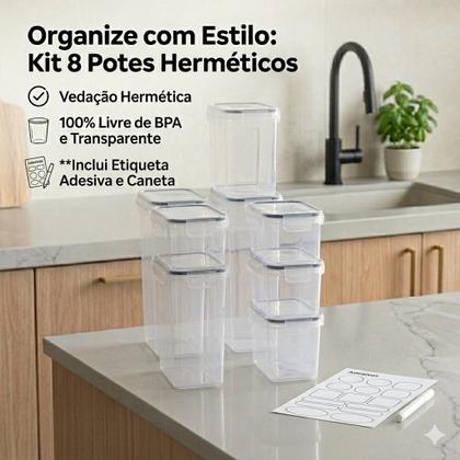 Imagem de Kit 8 Conjunto de Potes Herméticos em Plástico com Trava e Design Empilhável - Organizador para Mantimentos