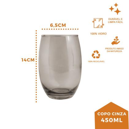 Imagem de Kit 8 Copo De Vidro 450ml Redondo Bellagio Cinza Luxo