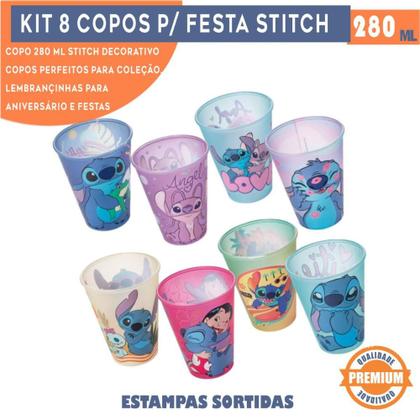 Imagem de Kit 8 copos Stitch 280 ml para lembrancinhas de aniversário colecionável reutilizável resistente