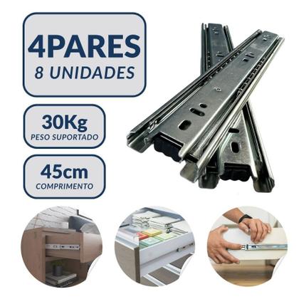 Imagem de Kit 8 Corrediças 45cm Telescópicas Light Aço Cromado para Gaveta Guarda-roupa 35mm 4 Pares