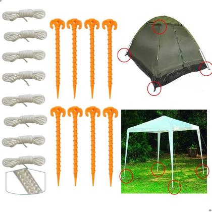 Imagem de Kit 8 Estaca + Corda p/ Gazebo Barracas Gancho Praia Camping