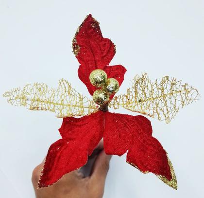 Imagem de Kit 8 Flor Artificial Decoração Brilho Vermelho Gliter 15cm