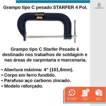 Imagem de Kit 8 Grampos Tipo C Marceneiro Pesado 4 Polegadas Starfer