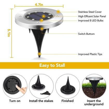 Imagem de Kit 8 ou 4 Peças Luminária Luz Solar Espeto Acionamento Automático ao Anoitecer Á prova D'Água Jardim Decoração