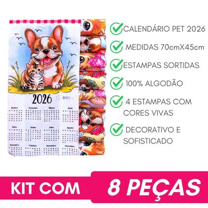 Imagem de Kit 8 Pano De Prato Calendário 2026 Pet - 4 Estampas Sortida
