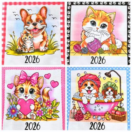 Imagem de Kit 8 Pano De Prato Calendário 2026 Pet - 4 Estampas Sortida