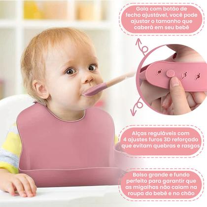 Imagem de Kit 8 Pçs Introdução Alimentação Infantil para Bebês Silicone Macio Prato Ventosa Babador Copo Canudo Tijela  Talheres Cabo Madeira