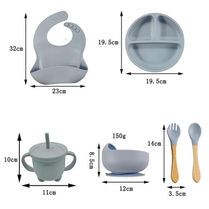 Imagem de Kit 8 Pçs Introdução Alimentação Infantil para Bebês Silicone Macio Prato Ventosa Babador Copo Canudo Tijela  Talheres Cabo Madeira