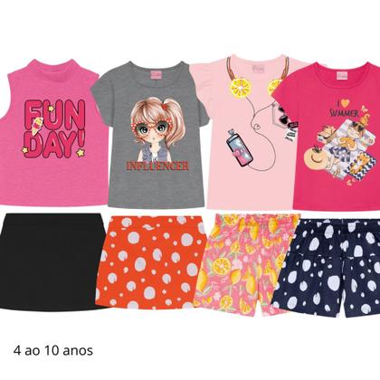 Imagem de Kit 8 Peças de Roupa Infantil Menina 4 Camisetas + 4 Bermudas Shorts