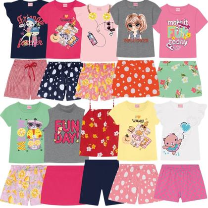 Imagem de Kit 8 Peças de Roupa Infantil Menina 4 Camisetas + 4 Bermudas Shorts