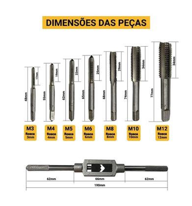 Imagem de Kit 8 Peças Jogo Macho Abrir Fazer Rosca Aço Carbono - Bestfer