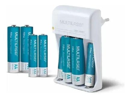 Imagem de Kit 8- Pilhas Recarregáveis AA / AAA Multilaser + Carregador De Pilhas Original Multilaser Com Garantia