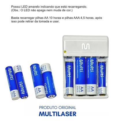 Imagem de Kit 8 Pilhas Recarregáveis AA e AAA + Carregador de Pilhas Multilaser