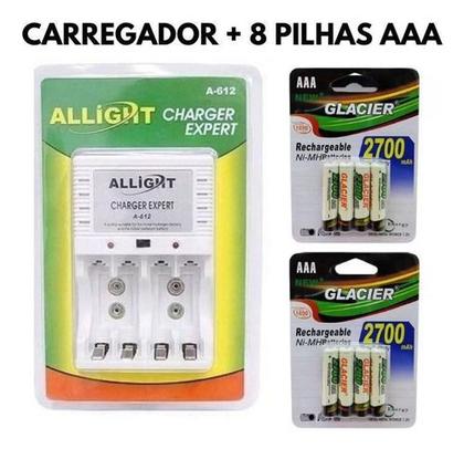 Imagem de Kit 8 Pilhas Recarregáveis Carregador Rápido Bivolt Aa E Aaa