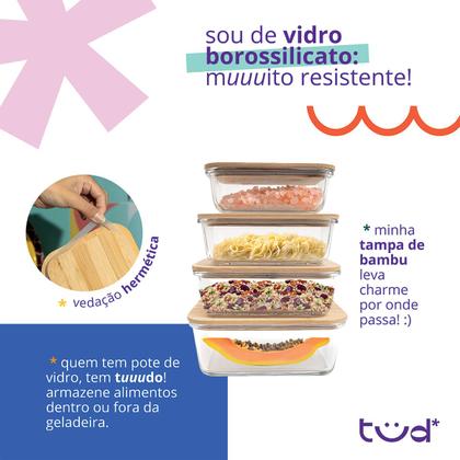 Imagem de kit 8 potes de vidro com tampa de bambu hermético marmita retangulares - Tud