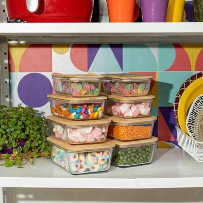 Imagem de kit 8 potes de vidro com tampa de bambu hermético marmita retangulares - Tud