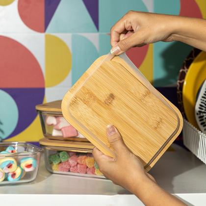 Imagem de kit 8 potes de vidro com tampa de bambu hermético marmita retangulares - Tud