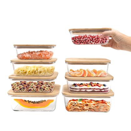 Imagem de kit 8 potes de vidro com tampa de bambu hermético marmita retangulares - Tud