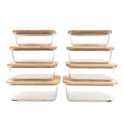 Imagem de kit 8 potes de vidro com tampa de bambu hermético marmita retangulares - Tud