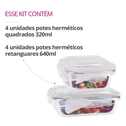 Imagem de Kit 8 Potes Herméticos Marmita Vidro Papinha 640ml e 320ml
