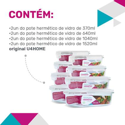 Imagem de Kit 8 Potes Vidro Hermético Marmita Mantimentos Tamanhos Variados