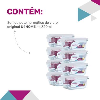 Imagem de Kit 8 Potes Vidro Hermético Trava Quadrado 320ml Marmita