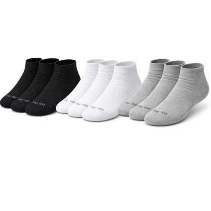 Imagem de Kit 9 Pares Meias Soquete Masculina Top100  Conforto Extremo e Não Escorrega Cores Preta, Cinza e Branca
