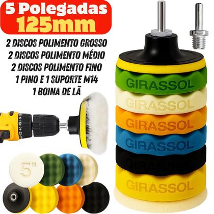 Imagem de Kit 9 Peças 5 Pol. 125mm Disco Espuma Boina Lã Prato Pino M14 Polimento Automotivo KP13