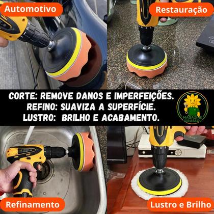 Imagem de Kit 9 Peças 7 Pol. 180mm Disco Espuma Boina Lã Prato Pino M14 Polimento Automotivo KP15