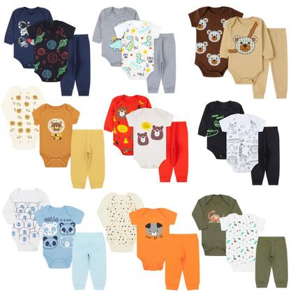 Imagem de Kit 9 peças Roupa Bebê Body e Mijão com punhos, menino e menina Suedine 100 algodão, Enxoval Atacado recém nascido, P M G e GG