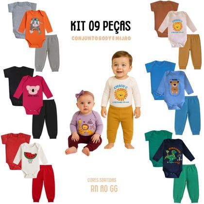 Imagem de Kit 9 peças Roupa Bebê Body e Mijão com punhos, menino e menina Suedine 100 algodão, Enxoval Atacado recém nascido, P M G e GG