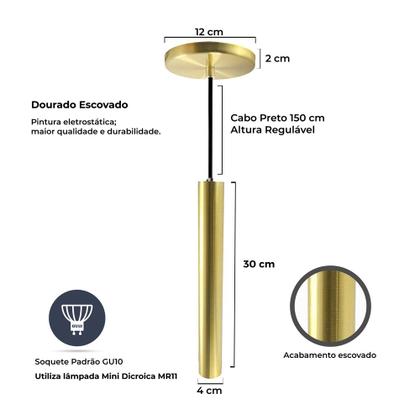 Imagem de Kit 9 Pendente Luminária Tubo Dourado Escovado 30 Cm + Led