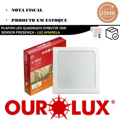 Imagem de Kit 9 Plafon Quadrado Embutir 18w Sensor Presença 2700K Amarela