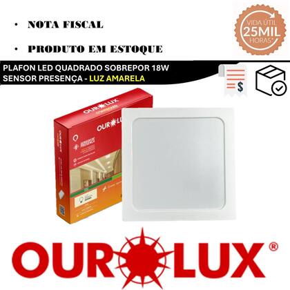 Imagem de Kit 9 Plafon Quadrado Sobrepor 18w Sensor Presença 2700K Amarela