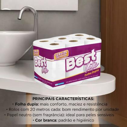 Imagem de Kit 96 Rolos Papel Higiênico Best Folha Dupla 20m  8 Pacotes com 12 Rolos