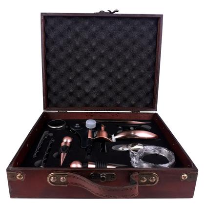 Imagem de Kit Abridor de Vinho Profissional Saca Rolha com Acessórios e Estojo Madeira Rústica Escura