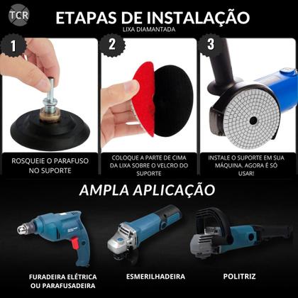 Imagem de Kit Acabamento 45 Porcelanato, Granito, Mármore e outras Pedras 3 Lixas Suporte e Rebolo