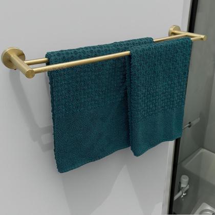 Imagem de Kit Acessório Banheiro Dourado Porta Toalha Duplo 60cm E Gancho Pendurador Cabide Inox Escovado Suporte Toalheiro Esponja 2pç Conjunto Jogo Lavabo