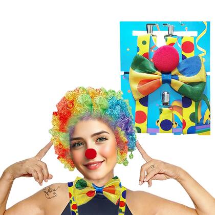 Imagem de Kit Acessório Fantasia de Palhaço: Suspensório + Gravata + Nariz + Peruca = 4 Produtos