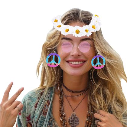 Imagem de Kit Acessório Fantasia Hippie Feminina Festa Anos 70 Carnaval: Óculos + Brincos + Tiara Flores = 3 Produtos