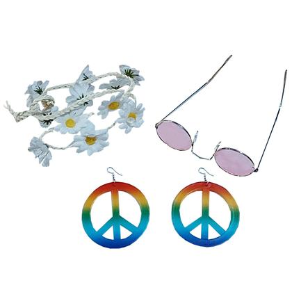 Imagem de Kit Acessório Fantasia Hippie Feminina Festa Anos 70 Carnaval: Óculos + Brincos + Tiara Flores = 3 Produtos